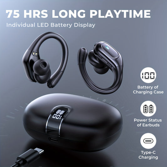 Supreme Wireless Earbuds for Sports - 75Hr Battery, HD Audio, LED Display, Noise Cancelling, Secure Over-Ear Hooks, Seamless Built-in Mic