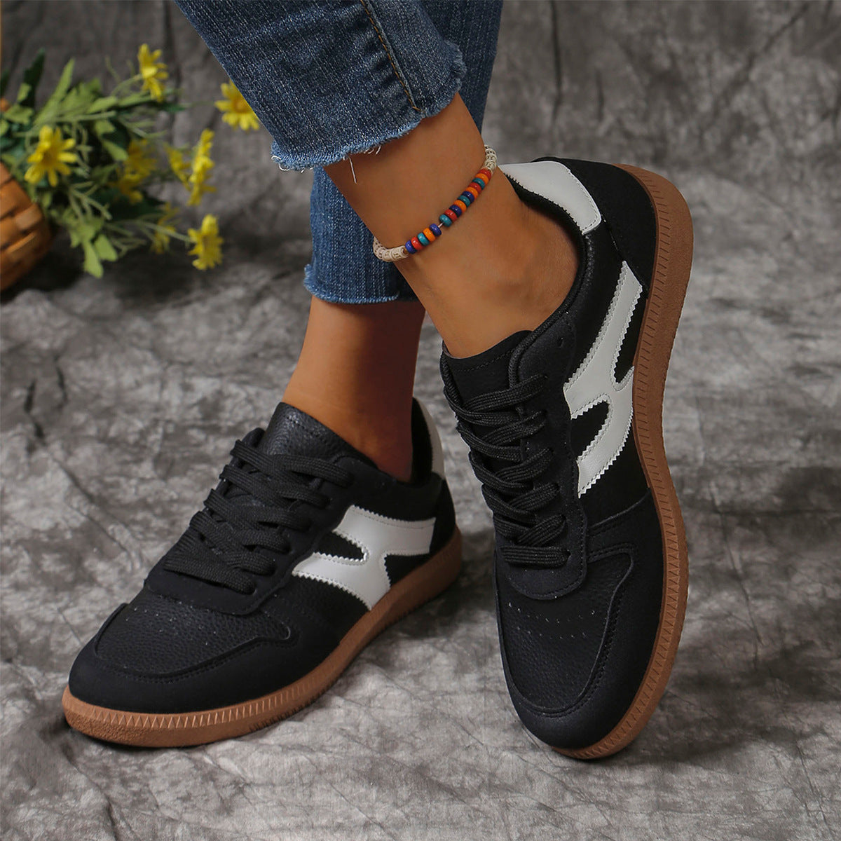 New Colorblock Lace-up Flats Shoes Fashion Round Toe Slip