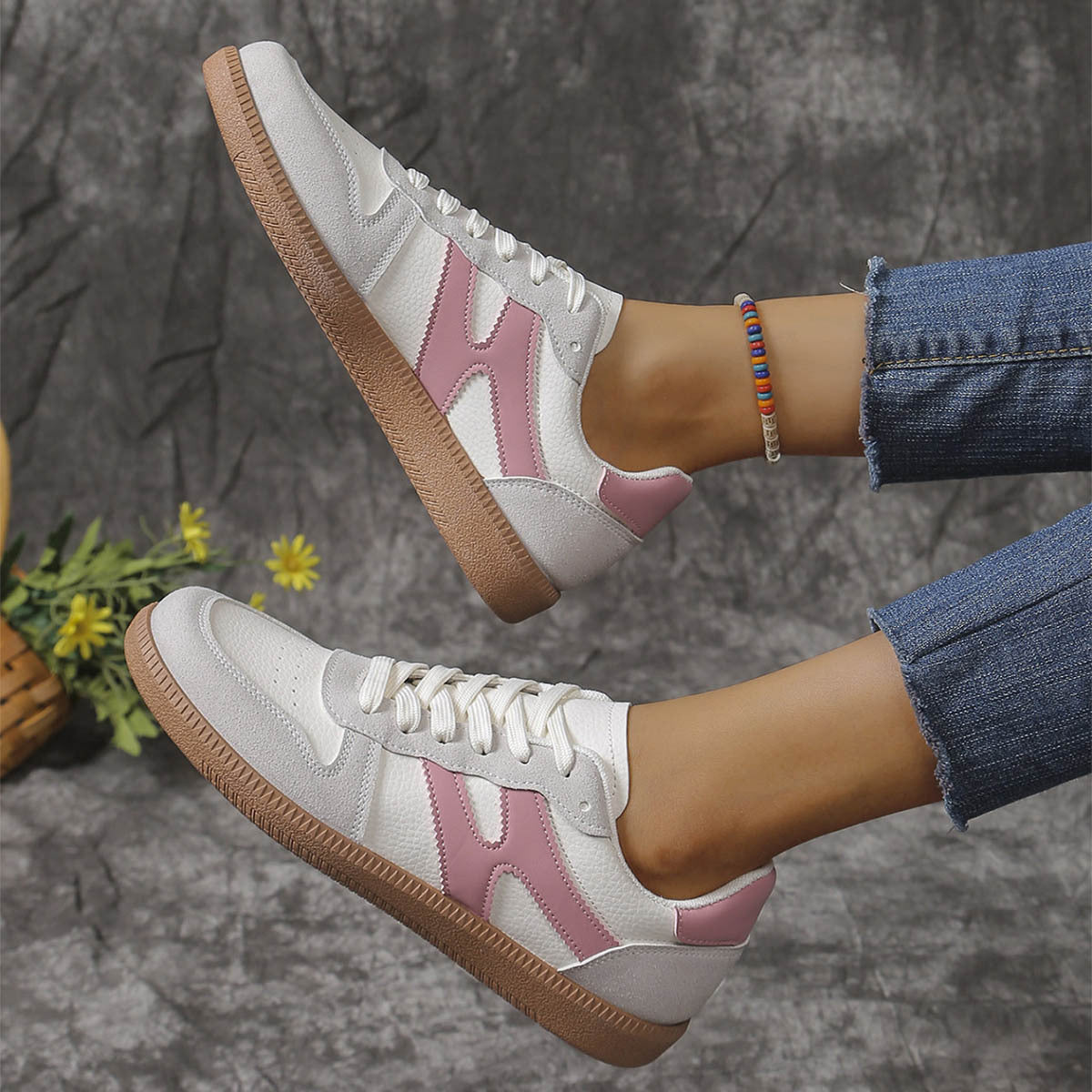 New Colorblock Lace-up Flats Shoes Fashion Round Toe Slip