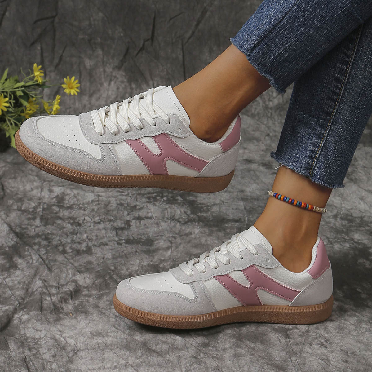 New Colorblock Lace-up Flats Shoes Fashion Round Toe Slip