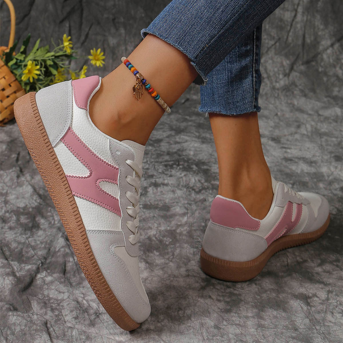 New Colorblock Lace-up Flats Shoes Fashion Round Toe Slip