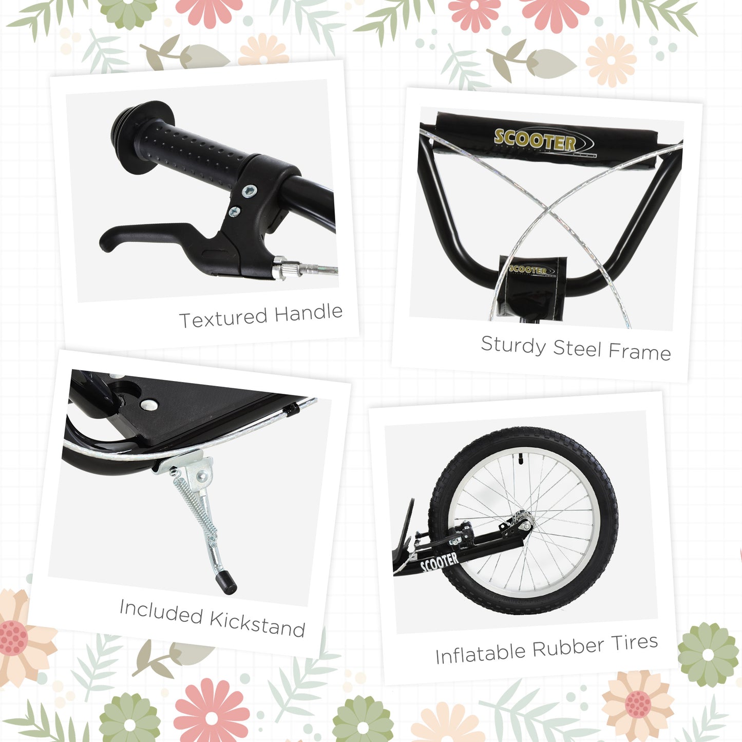 Kids Kick Scooter, Black, Adjustable Handlebar, Dual Rear Brakes, Inflatable Wheels