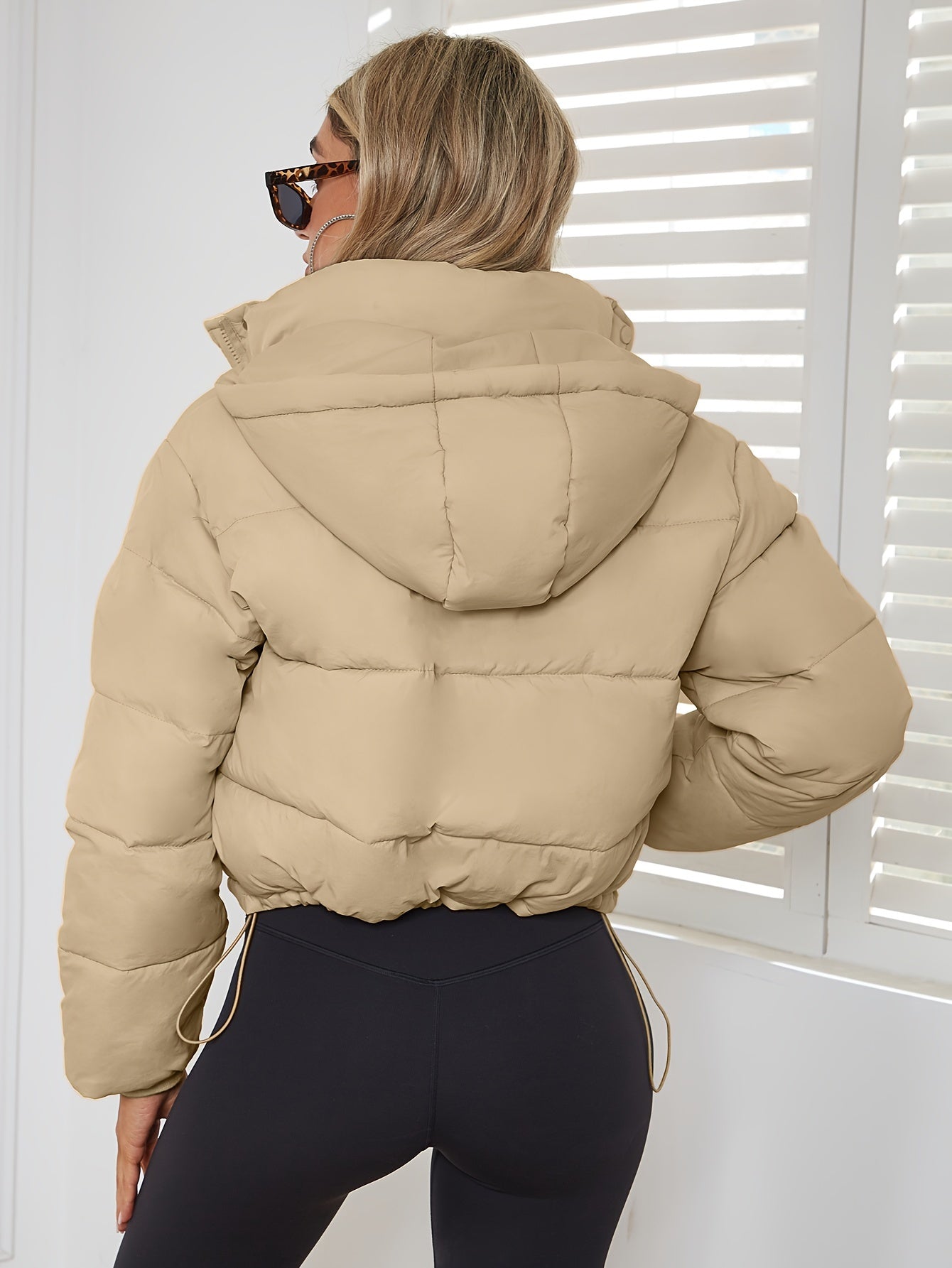 Long Sleeve Short Length Solid Drawstring Pleated Slim Coat, Winter Warm Women's Clothing