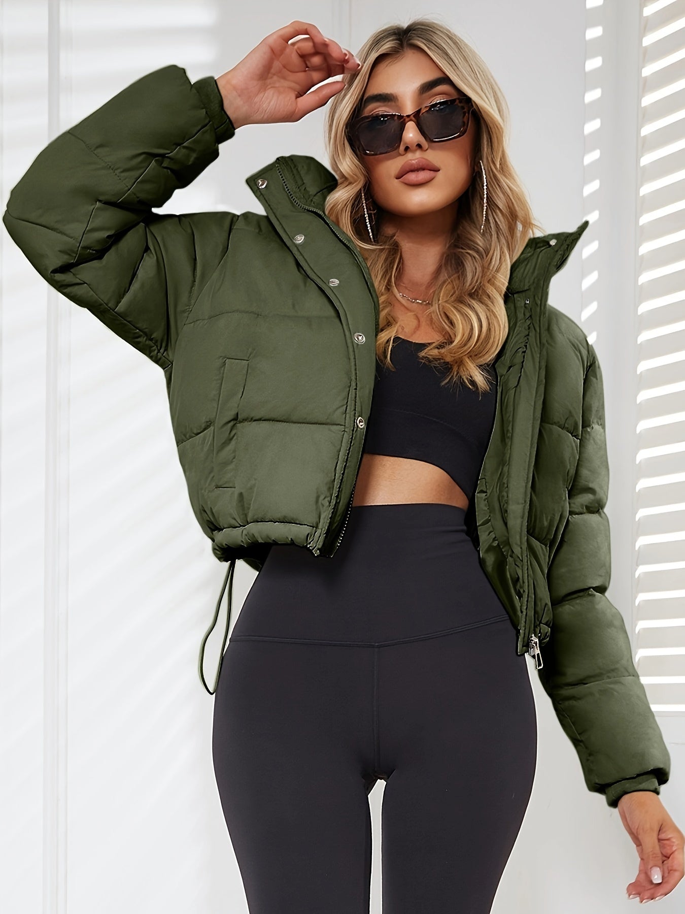 Long Sleeve Short Length Solid Drawstring Pleated Slim Coat, Winter Warm Women's Clothing