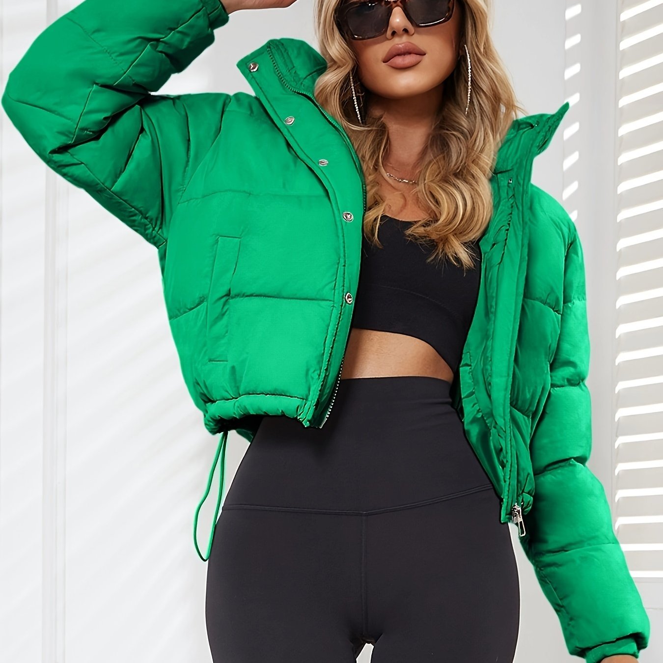 Long Sleeve Short Length Solid Drawstring Pleated Slim Coat, Winter Warm Women's Clothing