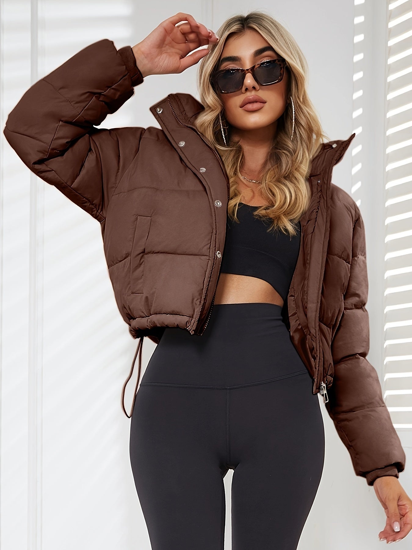 Long Sleeve Short Length Solid Drawstring Pleated Slim Coat, Winter Warm Women's Clothing