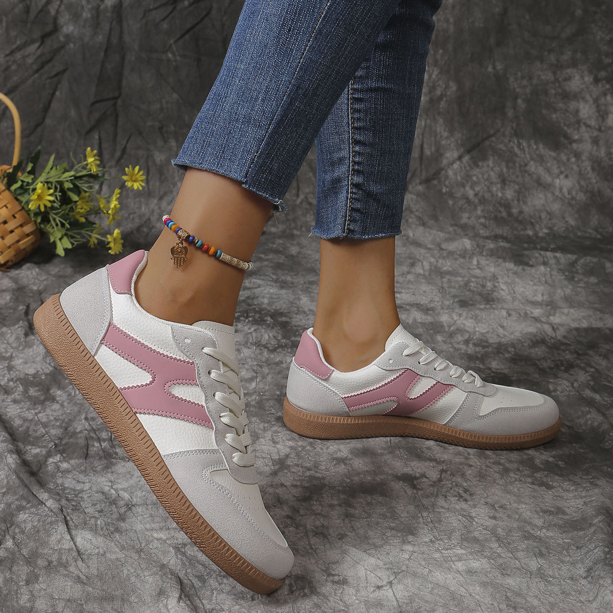 New Colorblock Lace-up Flats Shoes Fashion Round Toe Slip