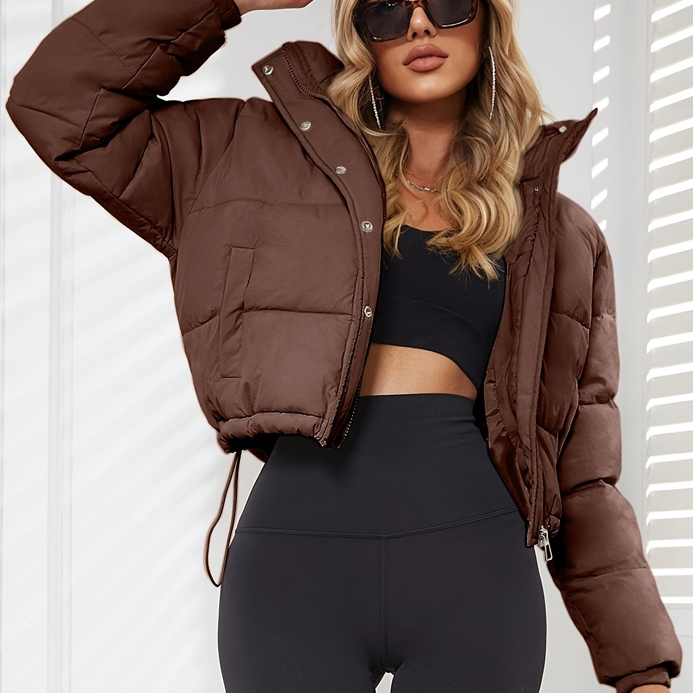Long Sleeve Short Length Solid Drawstring Pleated Slim Coat, Winter Warm Women's Clothing