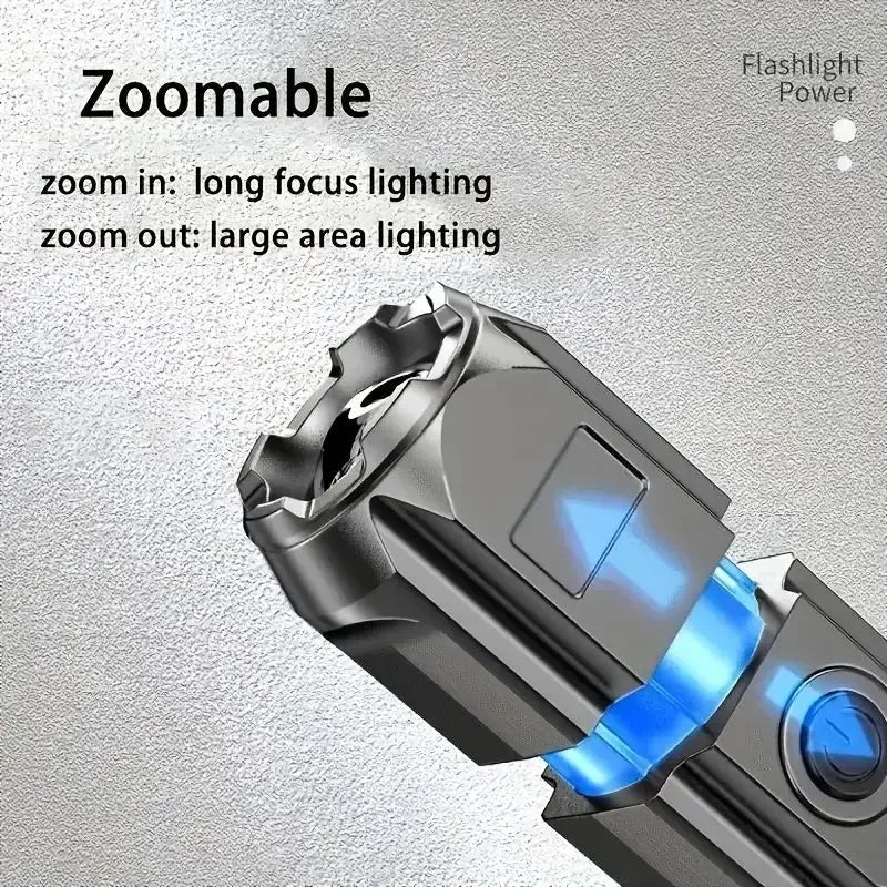 Tactical LED Zoom Flashlight – USB Rechargeable, 4 Modes, Long-Range Beam