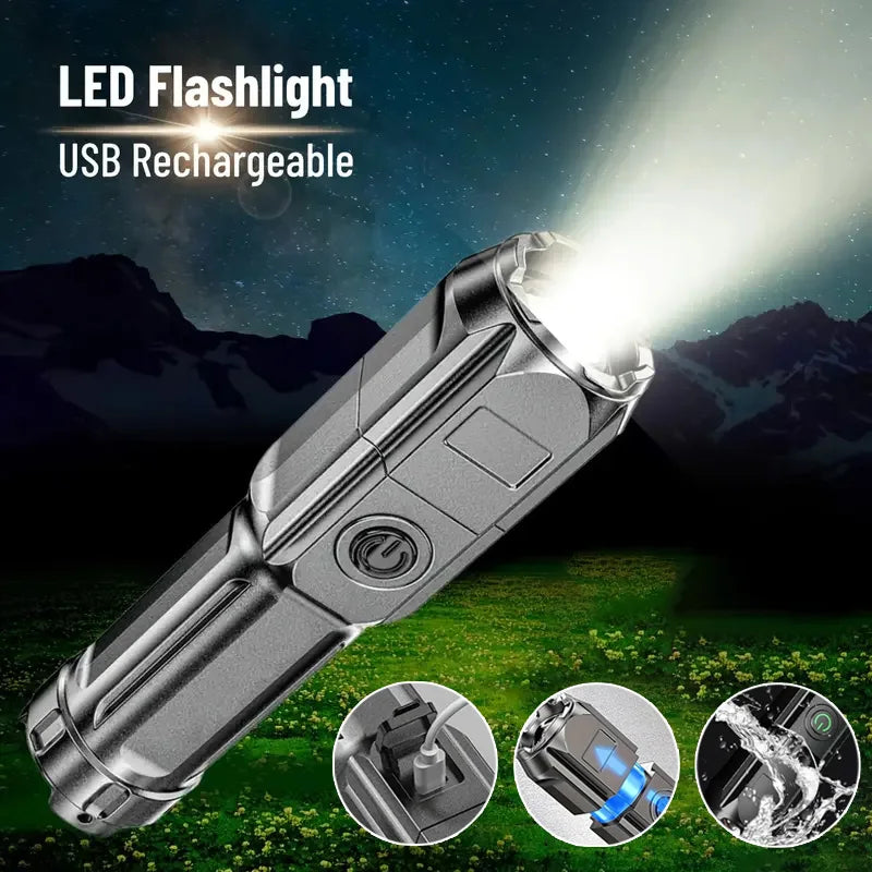 Tactical LED Zoom Flashlight – USB Rechargeable, 4 Modes, Long-Range Beam