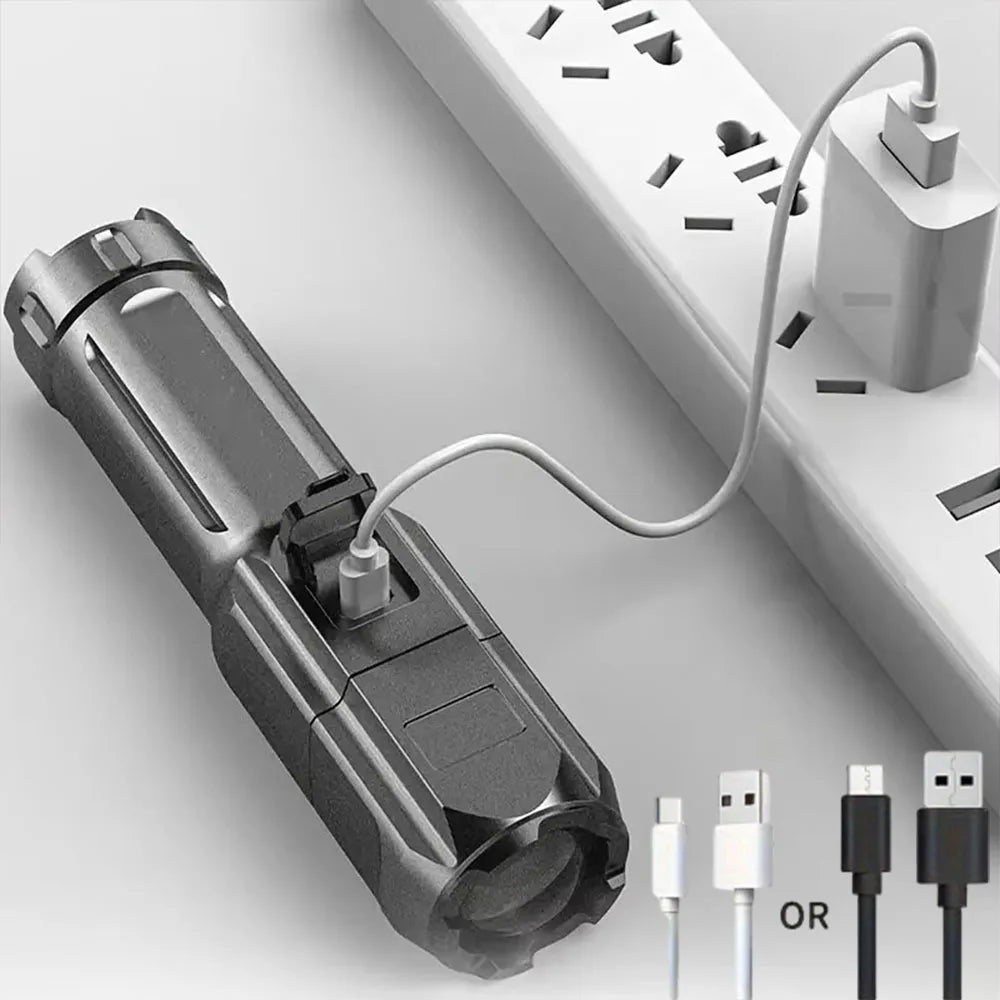 Tactical LED Zoom Flashlight – USB Rechargeable, 4 Modes, Long-Range Beam