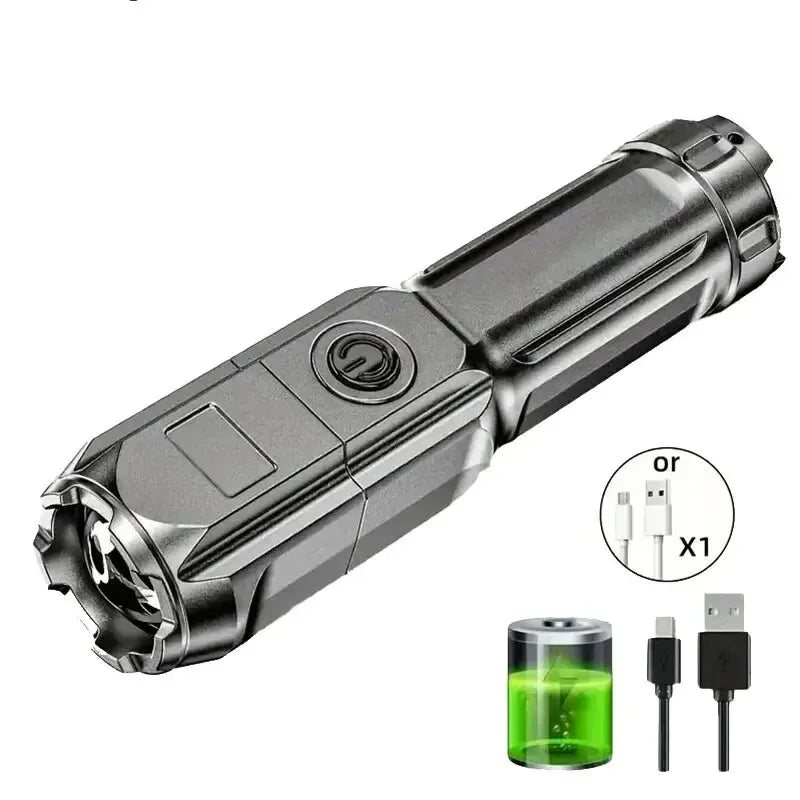 Tactical LED Zoom Flashlight – USB Rechargeable, 4 Modes, Long-Range Beam