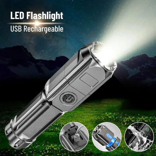Tactical LED Zoom Flashlight – USB Rechargeable, 4 Modes, Long-Range Beam