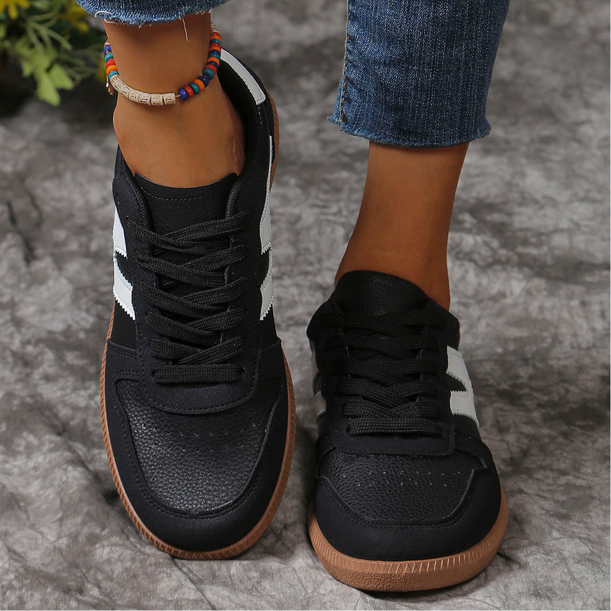 New Colorblock Lace-up Flats Shoes Fashion Round Toe Slip