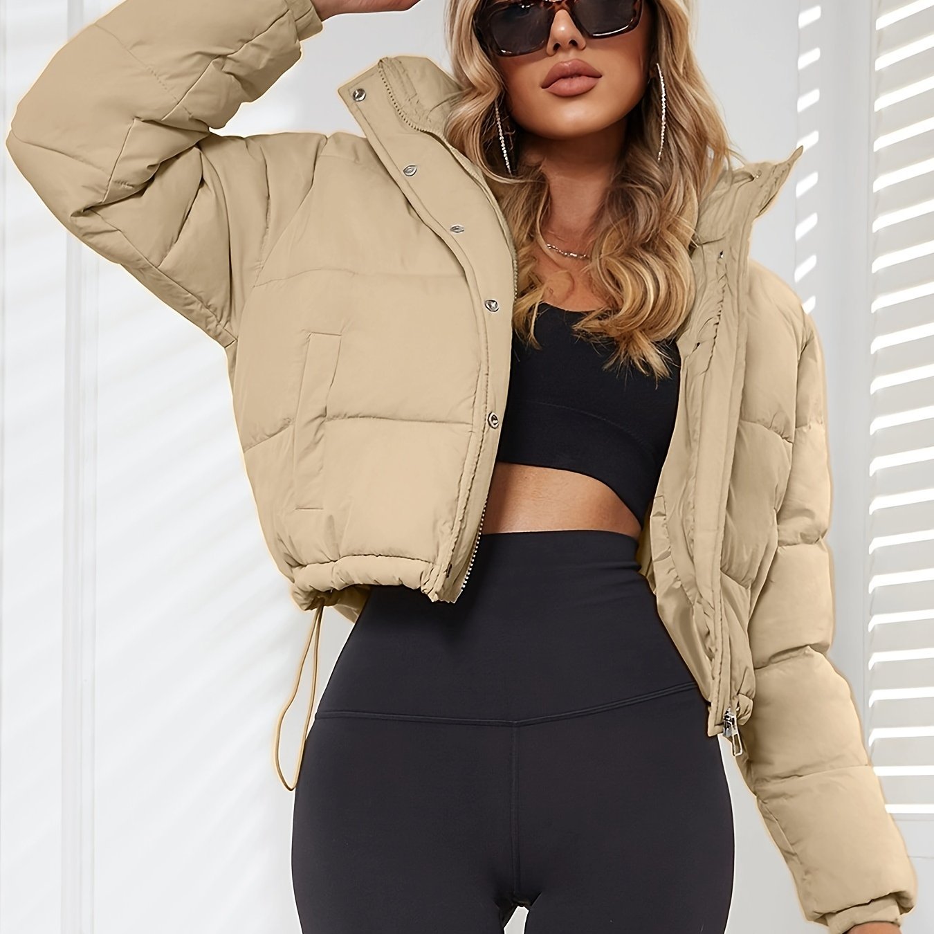 Long Sleeve Short Length Solid Drawstring Pleated Slim Coat, Winter Warm Women's Clothing