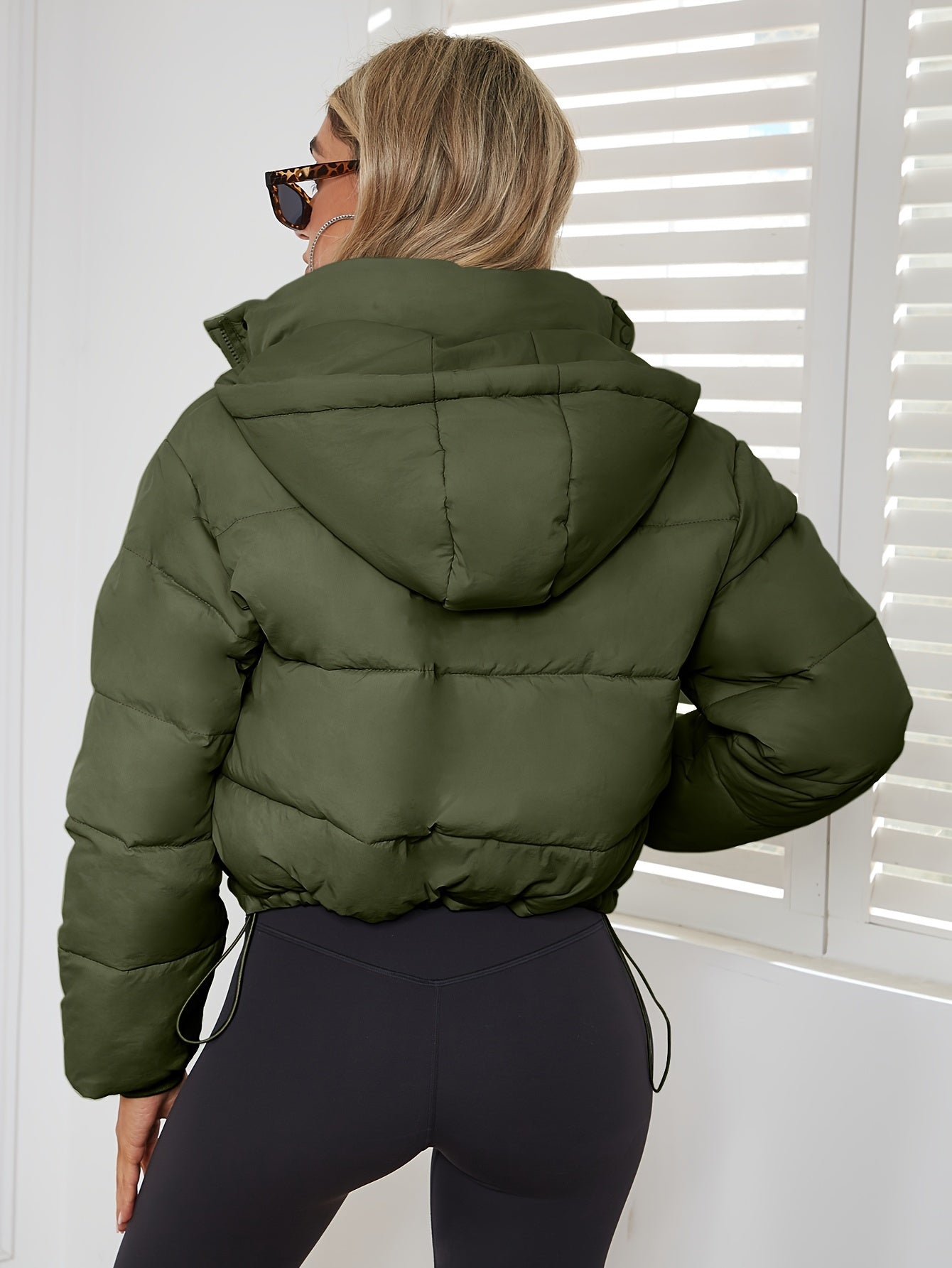 Long Sleeve Short Length Solid Drawstring Pleated Slim Coat, Winter Warm Women's Clothing