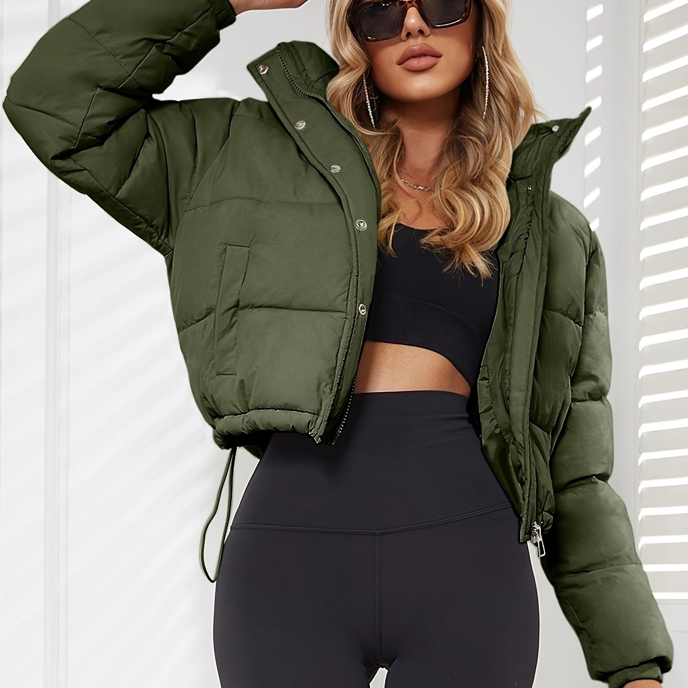 Long Sleeve Short Length Solid Drawstring Pleated Slim Coat, Winter Warm Women's Clothing