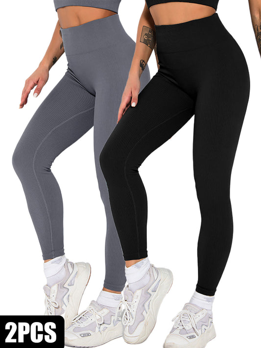 2 Pack Womens Seamless Ribbed Leggings Soft Slimming Yoga Pants