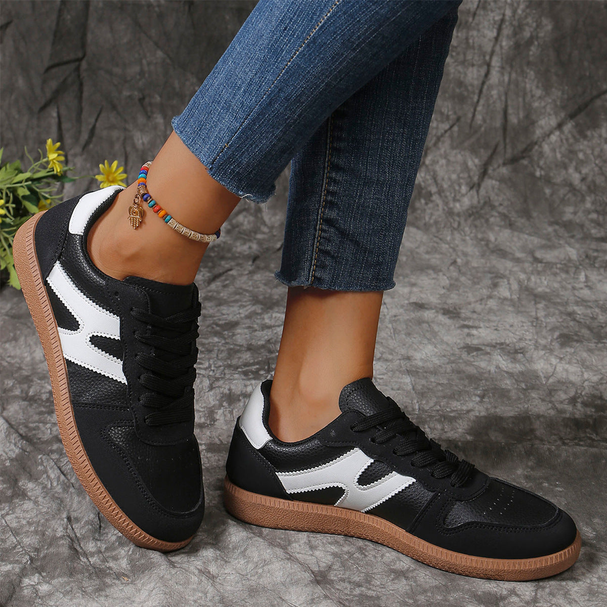 New Colorblock Lace-up Flats Shoes Fashion Round Toe Slip