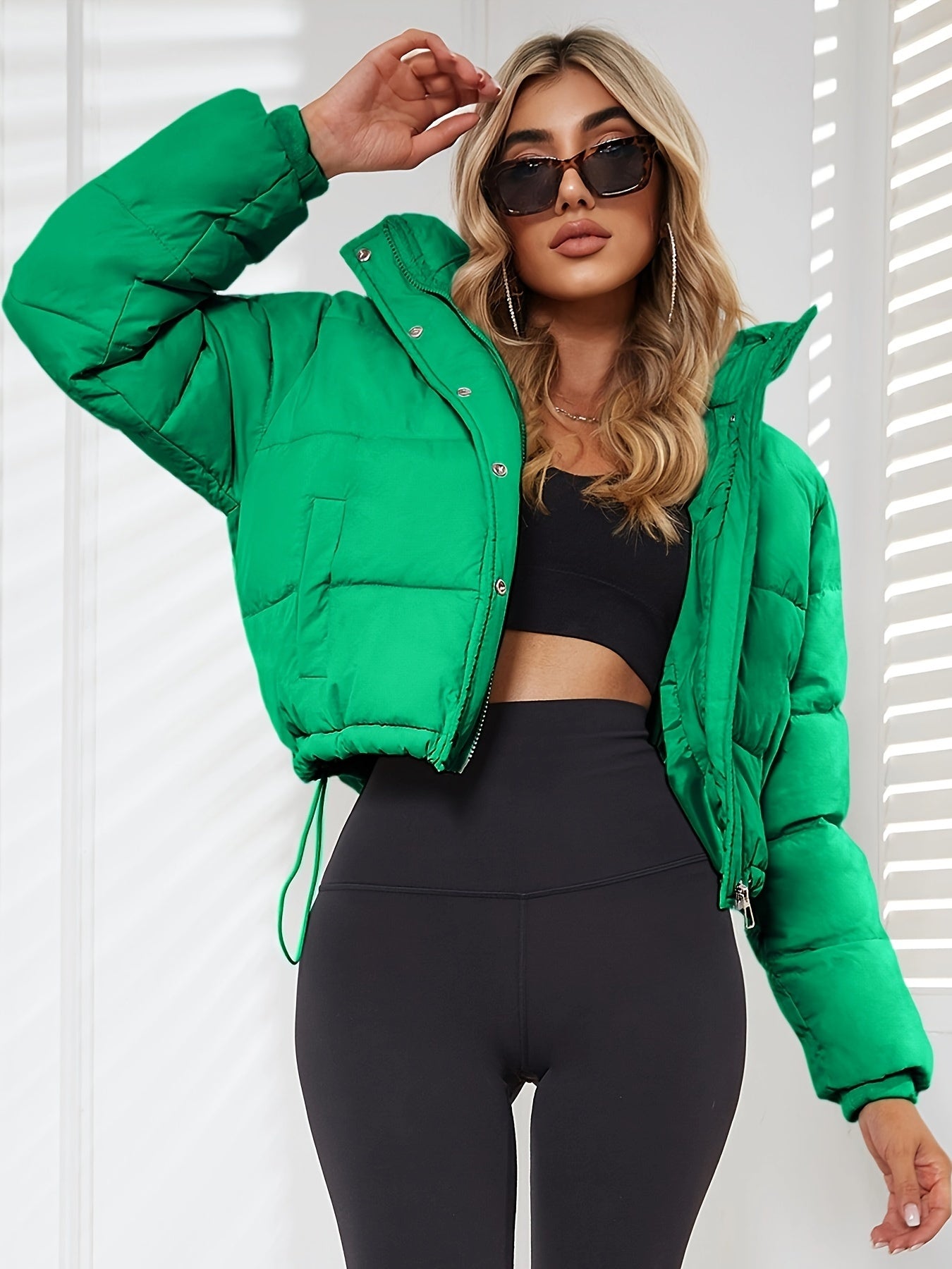 Long Sleeve Short Length Solid Drawstring Pleated Slim Coat, Winter Warm Women's Clothing
