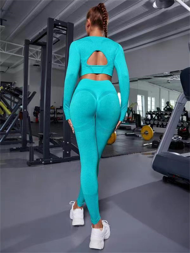 2pcs Sports Suits Long Sleeve Hollow Design Tops And Butt Lifting