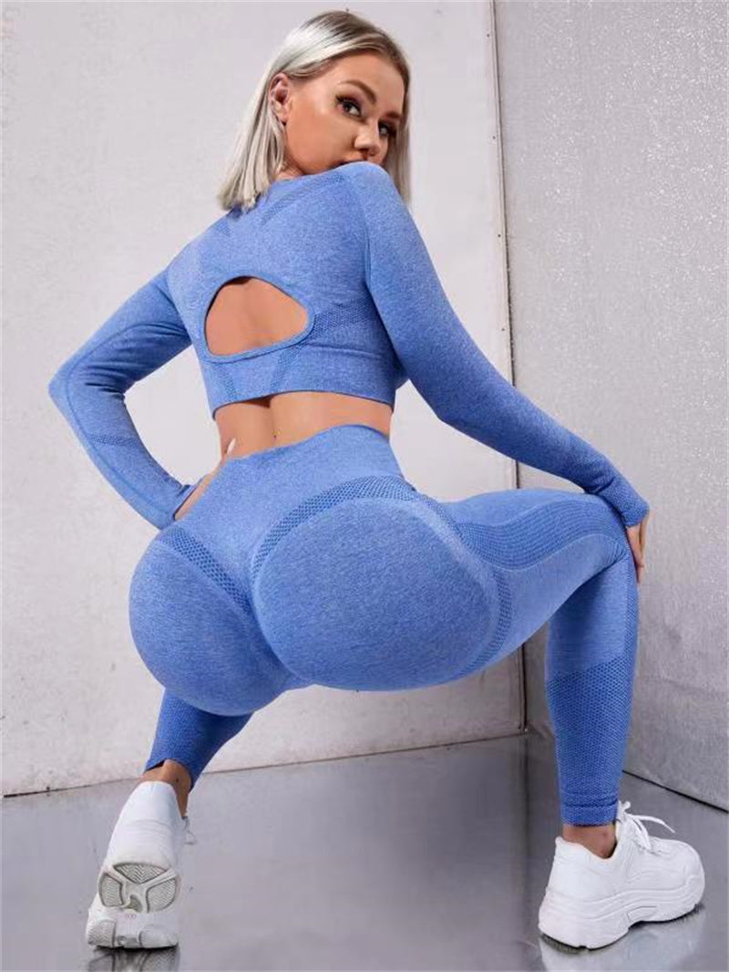 2pcs Sports Suits Long Sleeve Hollow Design Tops And Butt Lifting