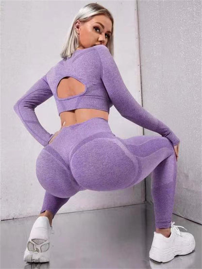 2pcs Sports Suits Long Sleeve Hollow Design Tops And Butt Lifting