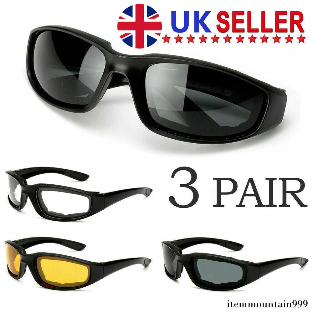 3 Pair Motorcycle Sports Padded Biker Riding Glasses