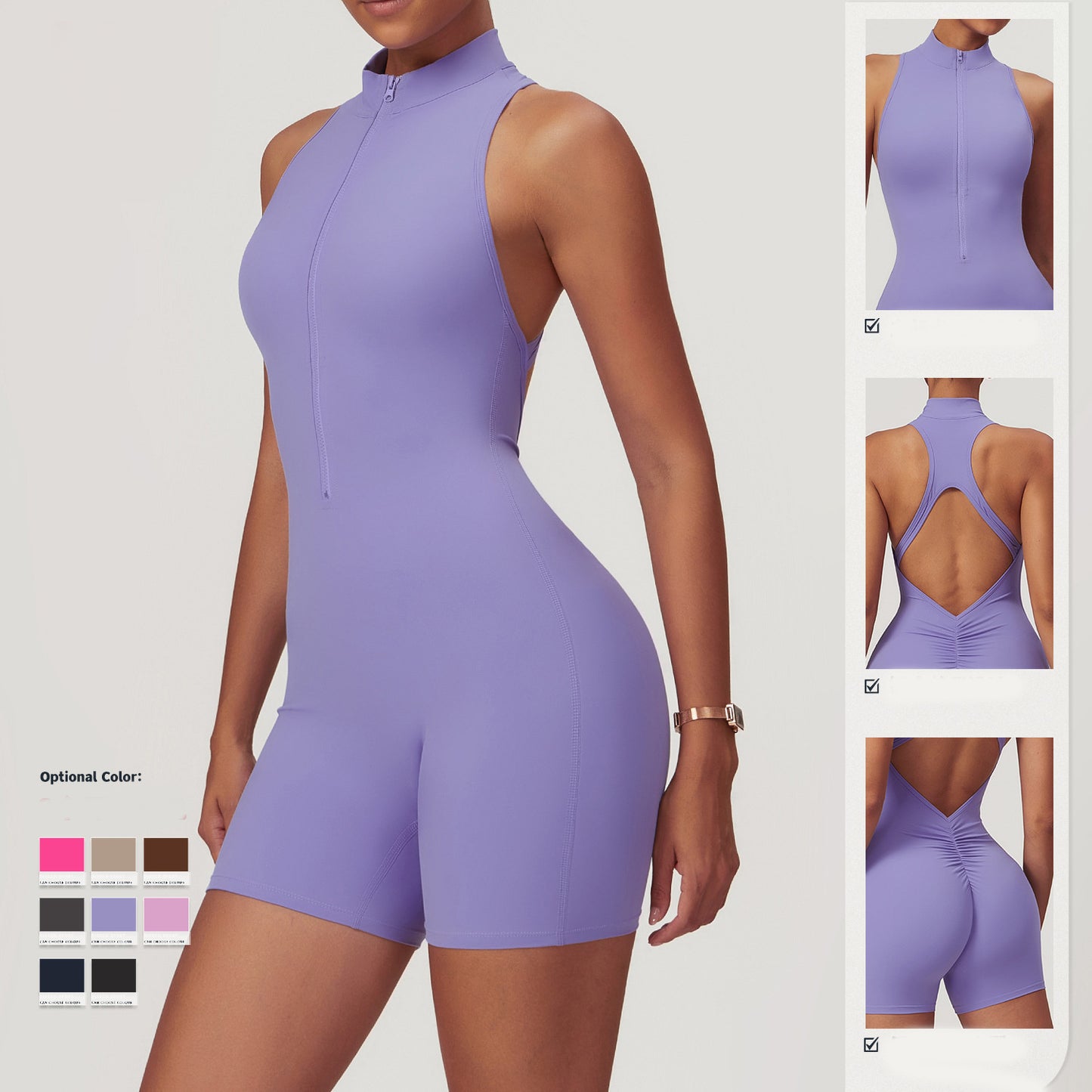 Fitness Yoga Jumpsuit With Zipper Summer Backless Shorts Jumpsuit Bodysuit For Women