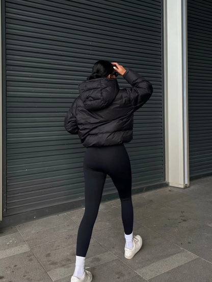 Long Sleeve Short Length Solid Drawstring Pleated Slim Coat, Winter Warm Women's Clothing