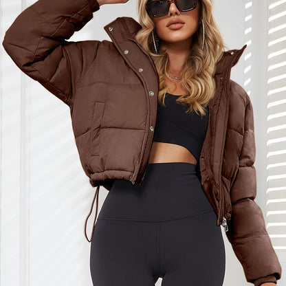 Long Sleeve Short Length Solid Drawstring Pleated Slim Coat, Winter Warm Women's Clothing