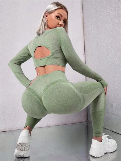 2pcs Sports Suits Long Sleeve Hollow Design Tops And Butt Lifting