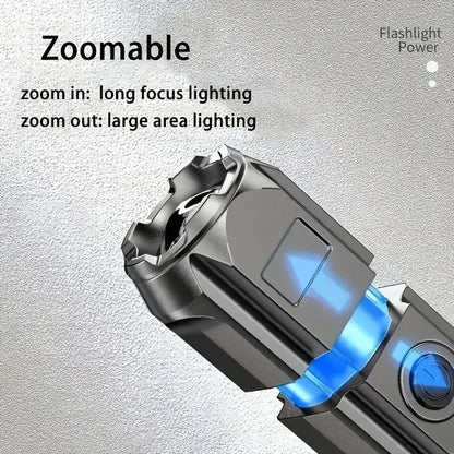 Tactical LED Zoom Flashlight – USB Rechargeable, 4 Modes, Long-Range Beam