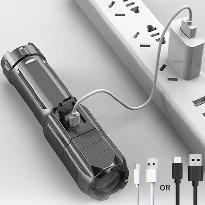 Tactical LED Zoom Flashlight – USB Rechargeable, 4 Modes, Long-Range Beam