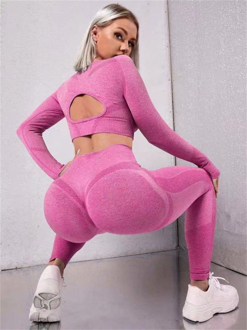 2pcs Sports Suits Long Sleeve Hollow Design Tops And Butt Lifting