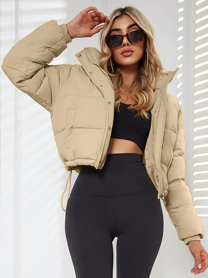 Long Sleeve Short Length Solid Drawstring Pleated Slim Coat, Winter Warm Women's Clothing